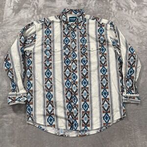 Wrangler Shirt Mens XL White Aztec Southwestern Checotah Pearl Snap Cowboy Rodeo